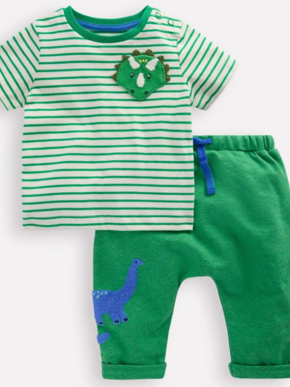 Mini Boden Bouclé Jersey Play Set with Dinosaurs in Soft Ivory and Sapling Green